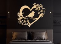 Drevený obraz – Srdce s vtáčikom a kvetmi