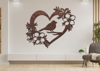 Drevený obraz – Srdce s vtáčikom a kvetmi