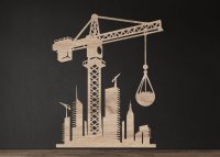 Drevený obraz na stenu – Žeriav na stavbe