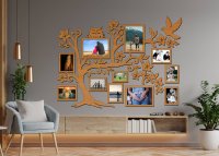 Drevený fotorámik na stenu – Rodinný strom so sovičkou a vtáčikom