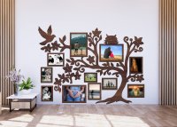 Drevený fotorámik na stenu – Rodinný strom so sovičkou a vtáčikom