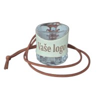 Sklenený štamperlík s koženým obalom – Vaše logo (Pozorne si prečítajte popis – dôležité pre objednávku!)