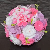 Mydlová Kytica v keramickom kvetináči - ružová, biela