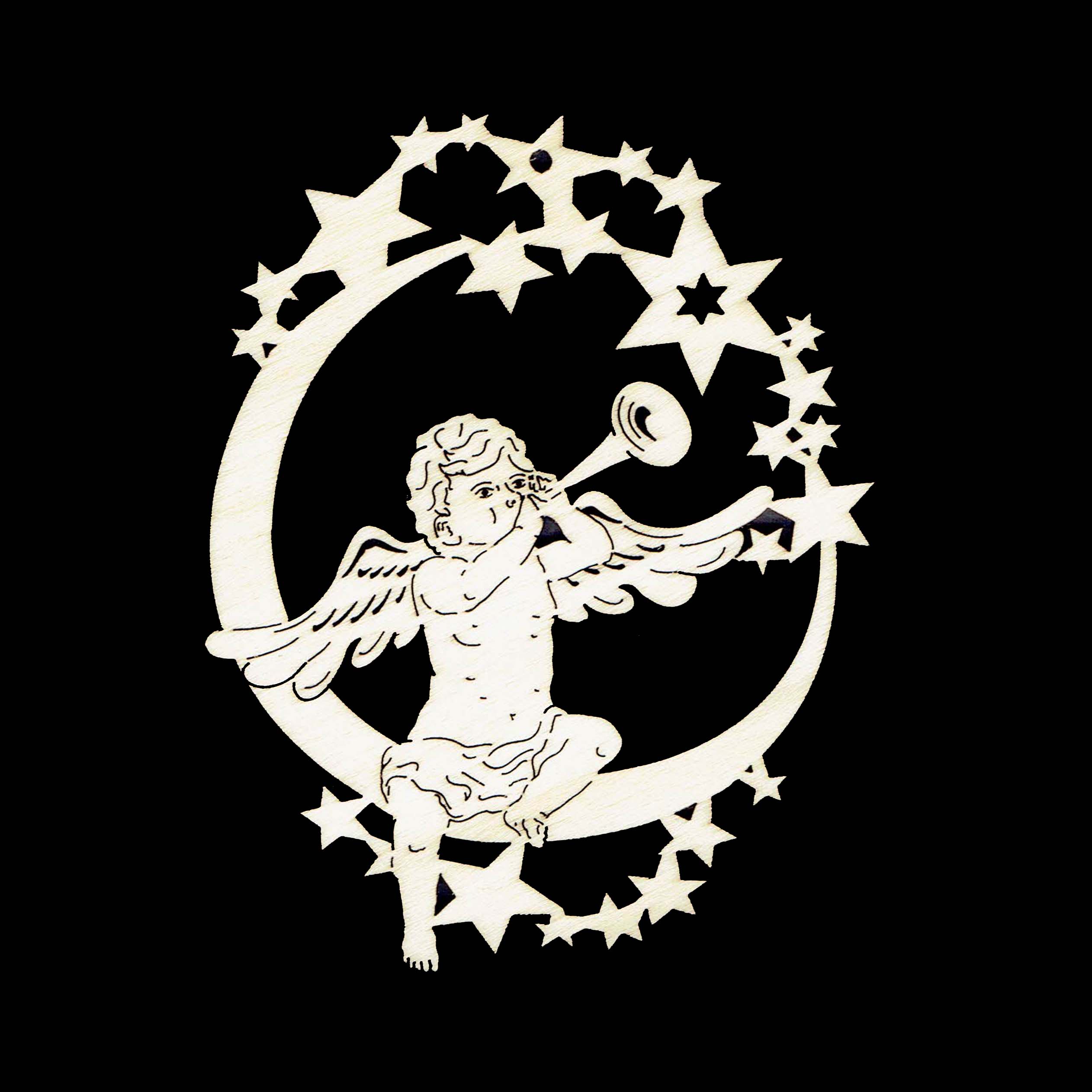 Vianočná ozdoba - Anjelik na mesiaci s trumpetou 9 cm